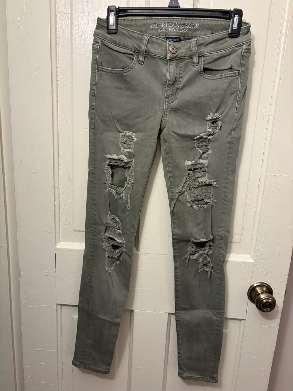 American Eagle Olive Green Ripped Skinny Jeans